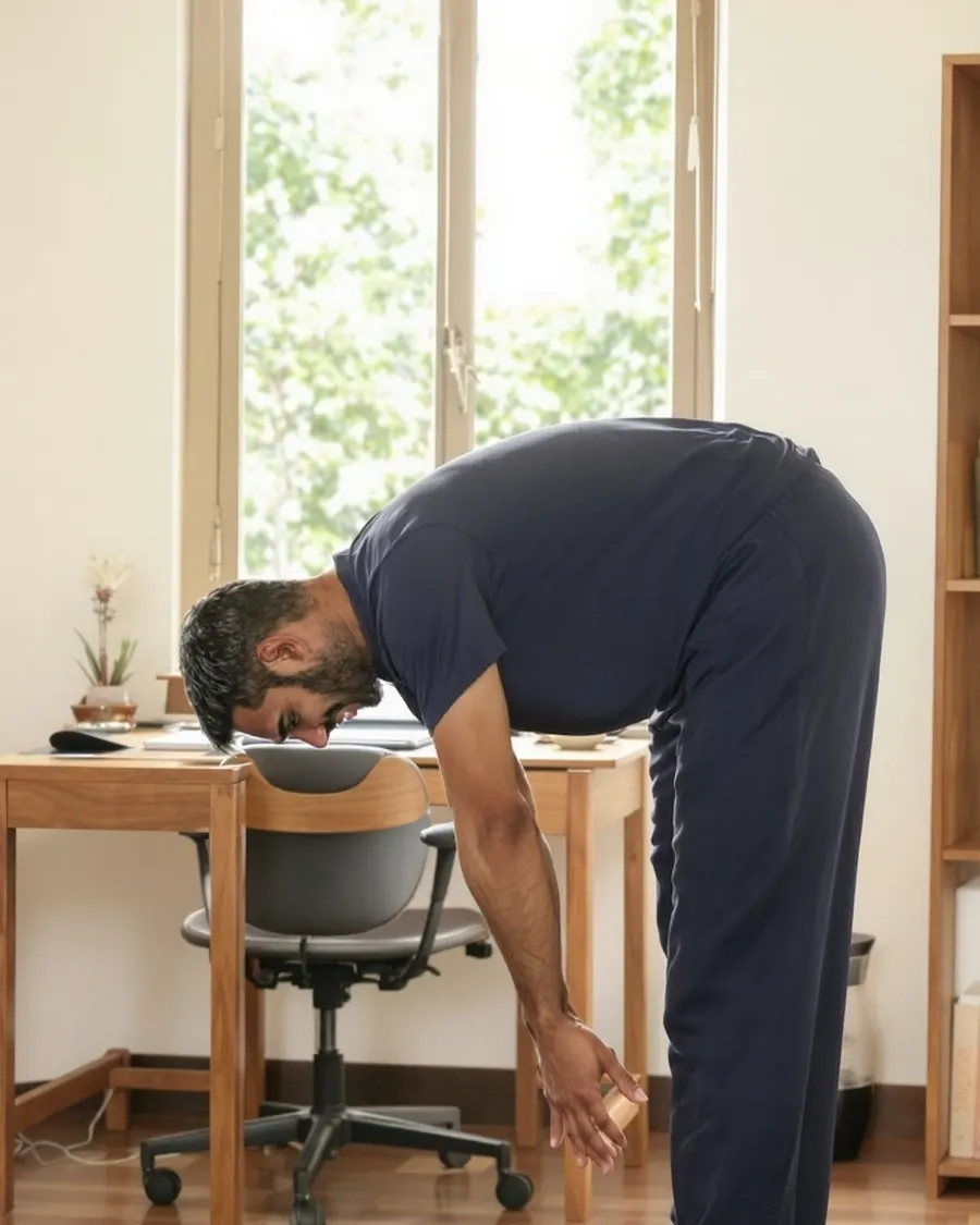 A man folding forward to reach the floor beside his desk